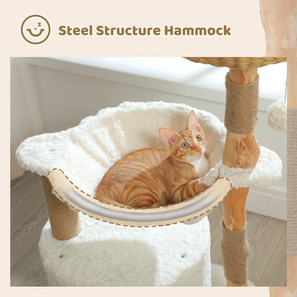 Solid Wood Cat Tree Modern Cat Tower with Spacious Cat Condo,Flower Perches,Fun Pompoms
