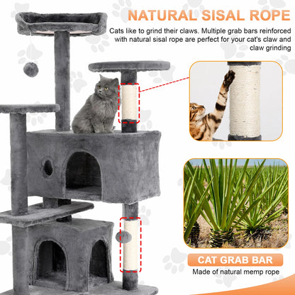 Cat Tree 54/70 Inch Cat Tower Cat Condo with Sisal-Covered Scratching Posts Dangling Ball for Cats to Play and Sleep