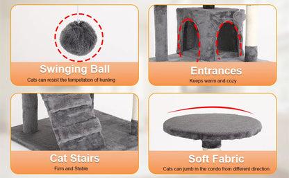 Cat Tree 54/70 Inch Cat Tower Cat Condo with Sisal-Covered Scratching Posts Dangling Ball for Cats to Play and Sleep