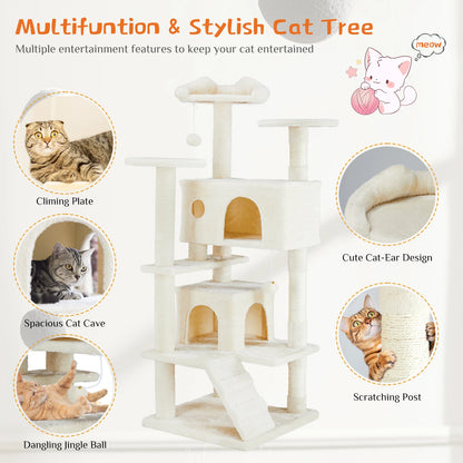 54in Tall Multi-Level Cat Tree Tower for Indoor Pet Furniture Stable Kitty Play House with Sisal Scratching Post