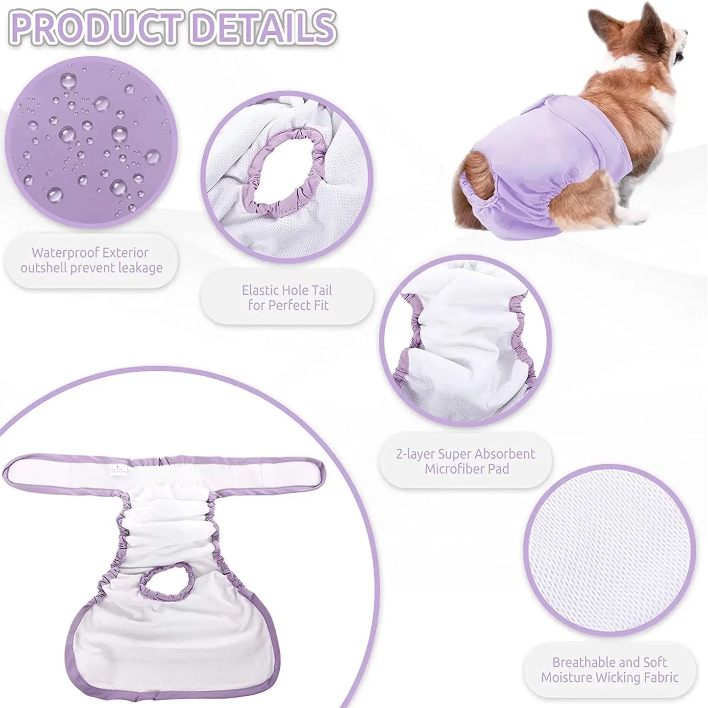 Reusable Female Dog Diapers, High Absorbent Pet Panties for Small - Large Female Dogs