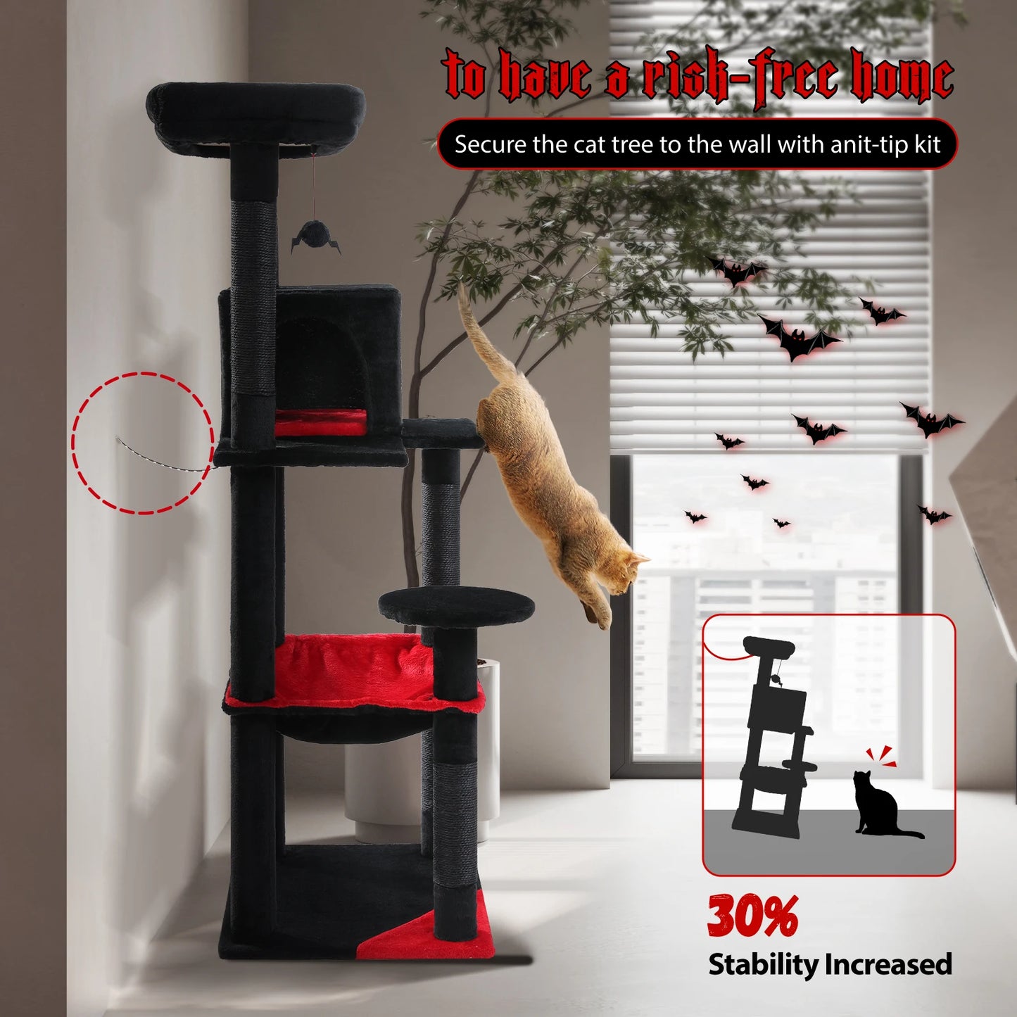 Cat Tree for Indoor Cats 5-Level Cat Tower for Large Cats with Large Hammock Sisal Covered Scratching Posts