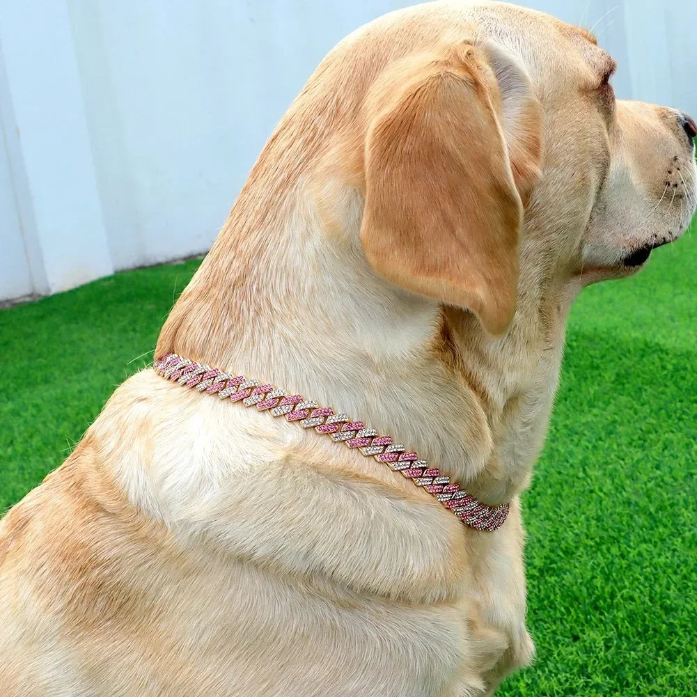 Dog or Cat Chain, Diamond Cuban Collar, Metal Chain Collar with Design Secure Buckle
