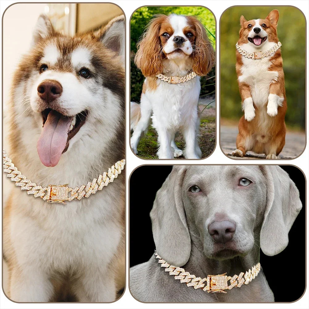 Dog or Cat Chain, Diamond Cuban Collar, Metal Chain Collar with Design Secure Buckle