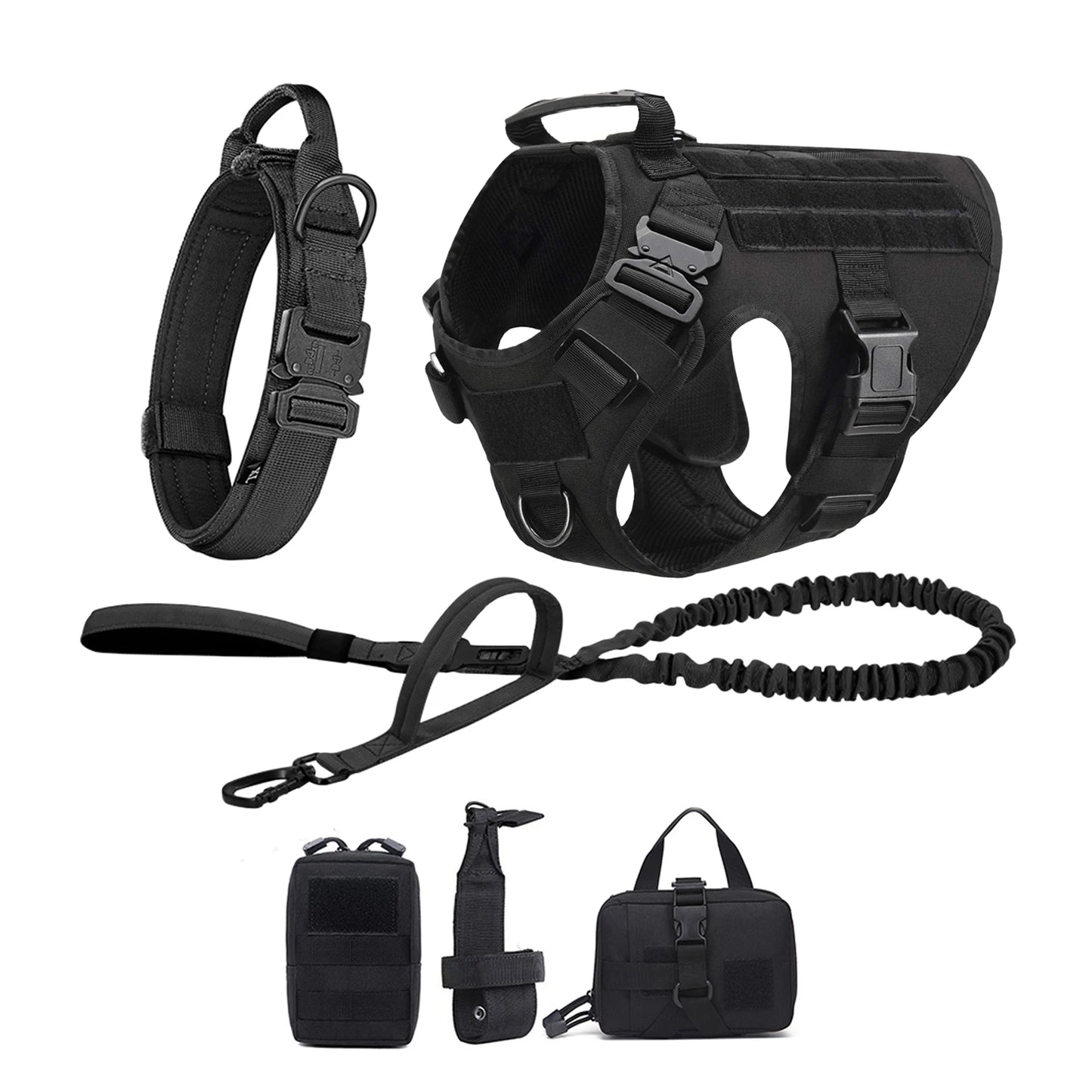 Tactical Dog Harness Collar/Harness and Leash Molle Pouches For Medium Large & Dogs