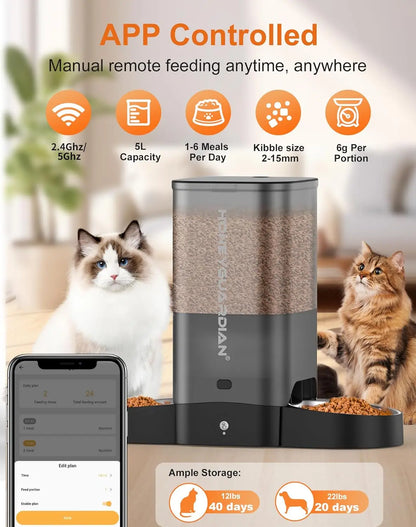 5L Automatic Cat Feeder for Two Cats, WiFi Smart Pet Dispenser with App Control, Dual Power, Stainless Steel Bowl