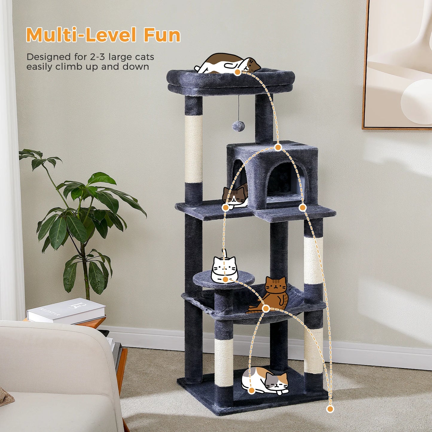 Cat Tree for Indoor Cats 5-Level Cat Tower for Large Cats with Large Hammock Sisal Covered Scratching Posts