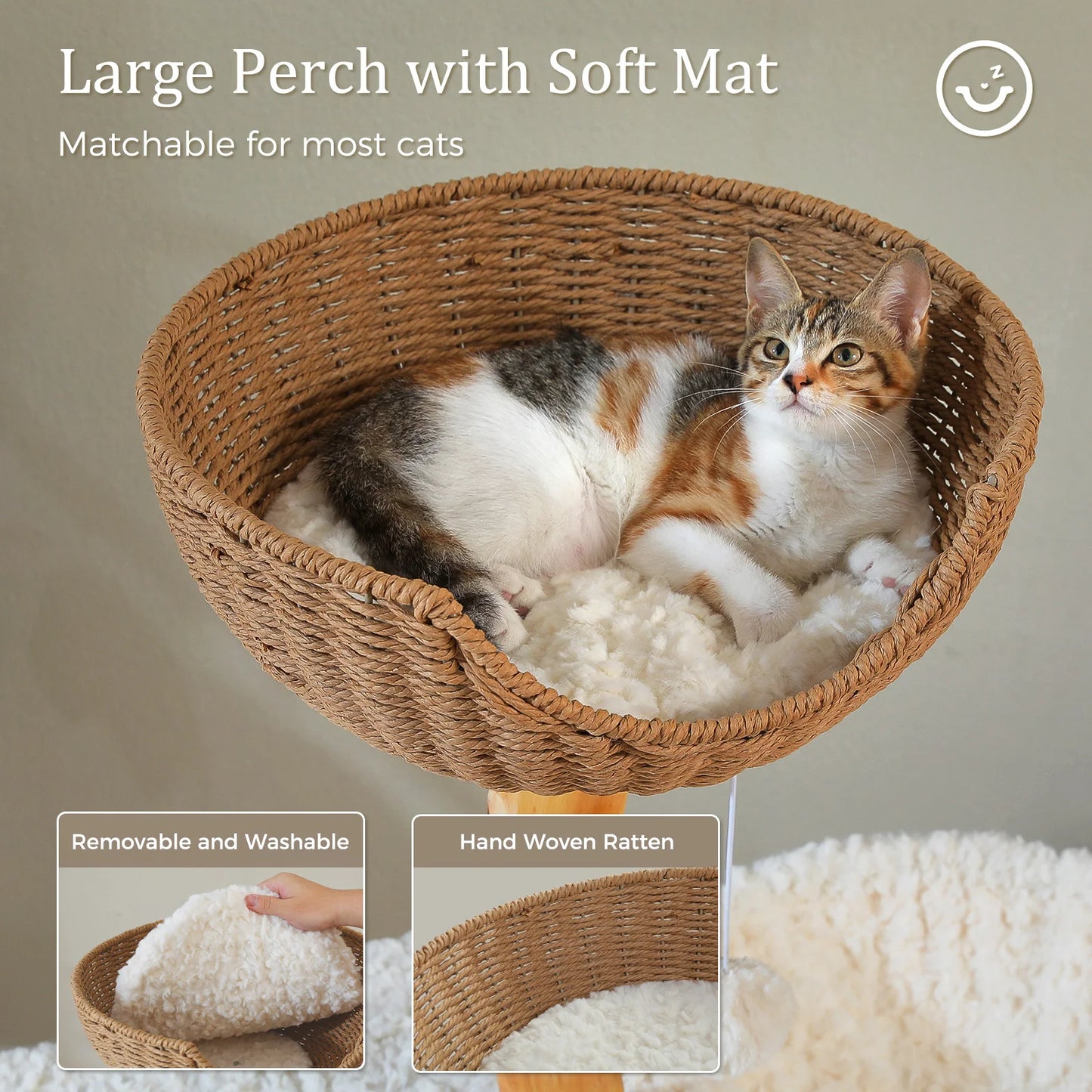 Solid Wood Cat Tree Modern Cat Tower with Spacious Cat Condo,Flower Perches,Fun Pompoms