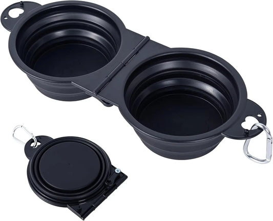 Collapsible Dual Dog Bowls with Lock Clips, Foldable Pet Food Water Feeder for Travel