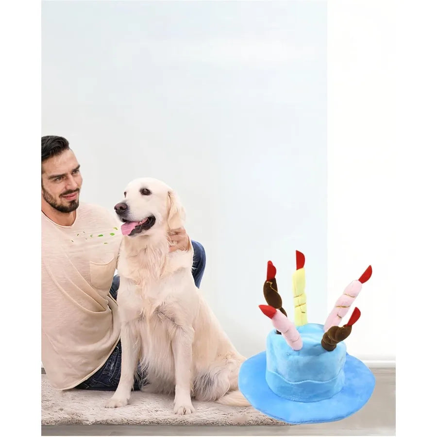 Cute Pet Party Hat for Dogs and Cats - Soft Fluffy Birthday Cap with 5 Color Candles, Blue