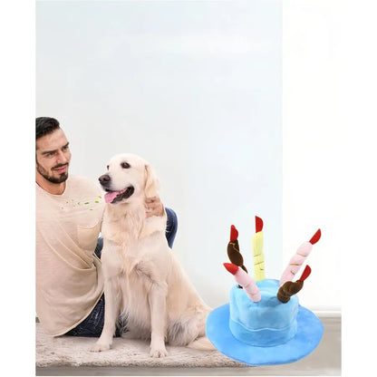 Cute Pet Party Hat for Dogs and Cats - Soft Fluffy Birthday Cap with 5 Color Candles, Blue