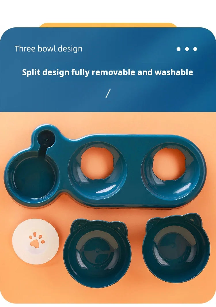 Pet Bowls With Water Feeder, 3 In 1 Ear Design Tilted Cat Water And Food Bowl Set With Gravity Water Bottle