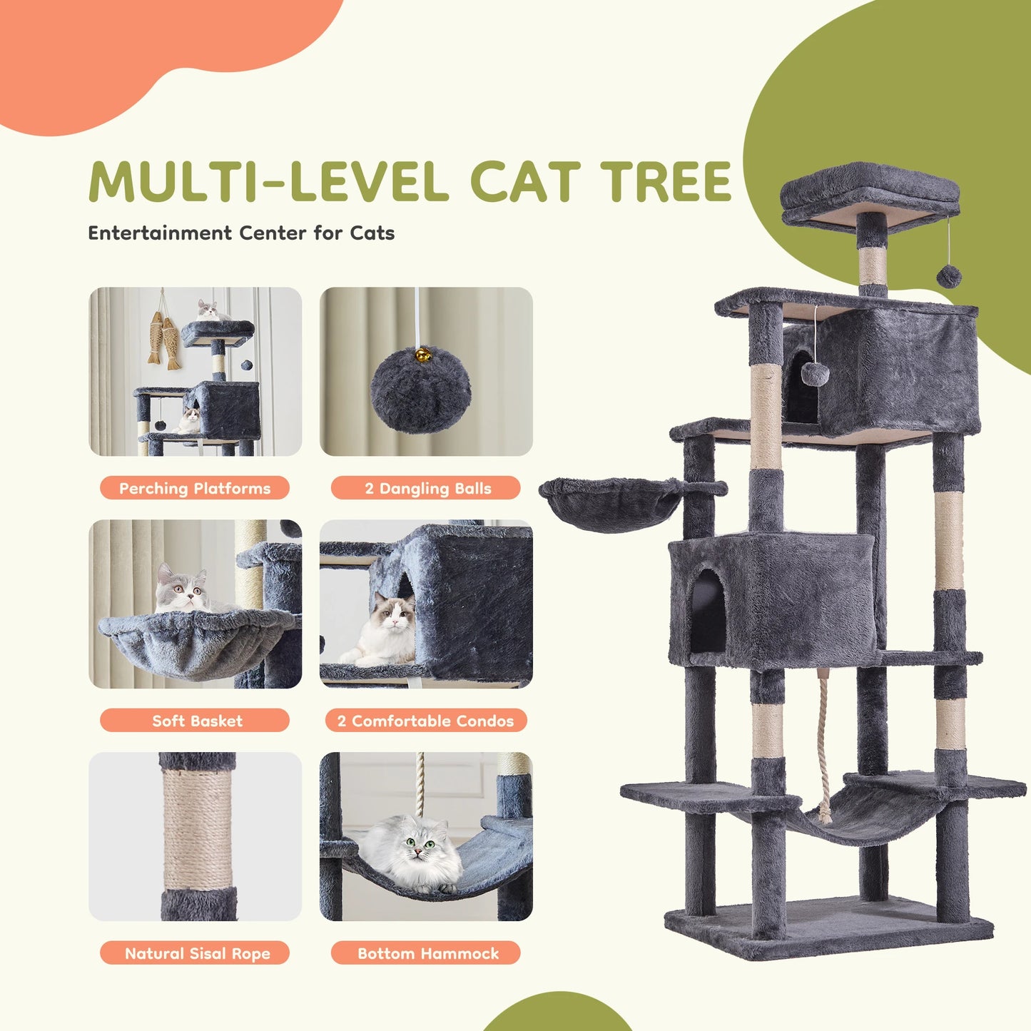 Cat Tree Tower 66 Inch Large Multi Level Cat Climbing Tower with Condo Natural Sisal Scratching Posts