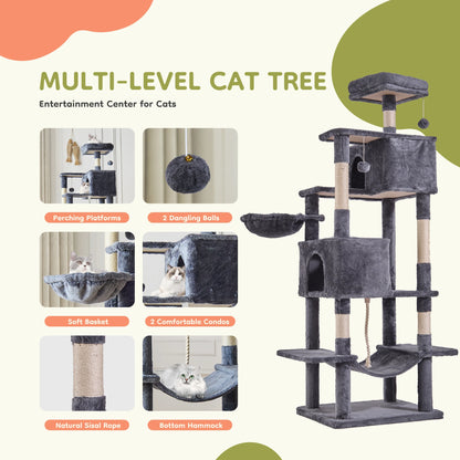 Cat Tree Tower 66 Inch Large Multi Level Cat Climbing Tower with Condo Natural Sisal Scratching Posts