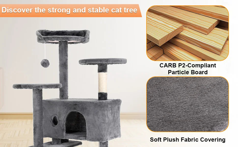 Cat Tree 54/70 Inch Cat Tower Cat Condo with Sisal-Covered Scratching Posts Dangling Ball for Cats to Play and Sleep