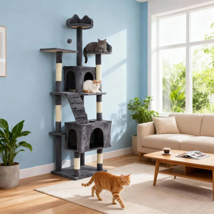 74" Tall Cat Tree For Large Cats Heavy Duty Multi-Level Anti-Tip Cat Tower With 6 Scratching Posts Top Perch & Cozy Rest Areas