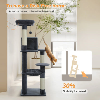 Cat Tree for Indoor Cats 5-Level Cat Tower for Large Cats with Large Hammock Sisal Covered Scratching Posts