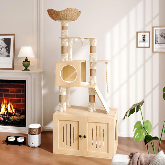 Cat Tree, 66.9-Inch Cat Tower with Litter Box Enclosure, Large Condo with Food Station, Storage, Scratching Posts, Hammock