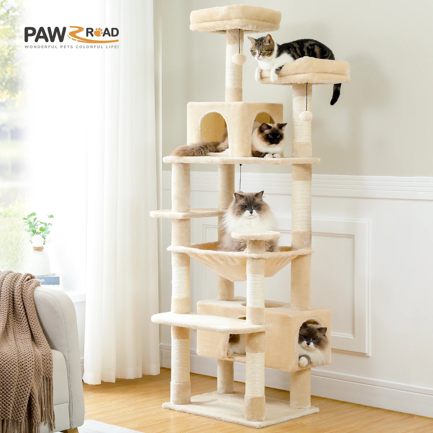 Large Cat Tree and Tower for Indoor Cats With Sisal-Covered Scratching Posts Spacious Hammock Padded Perches and Condos
