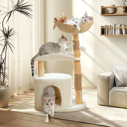 Solid Wood Cat Tree Modern Cat Tower with Spacious Cat Condo,Flower Perches,Fun Pompoms