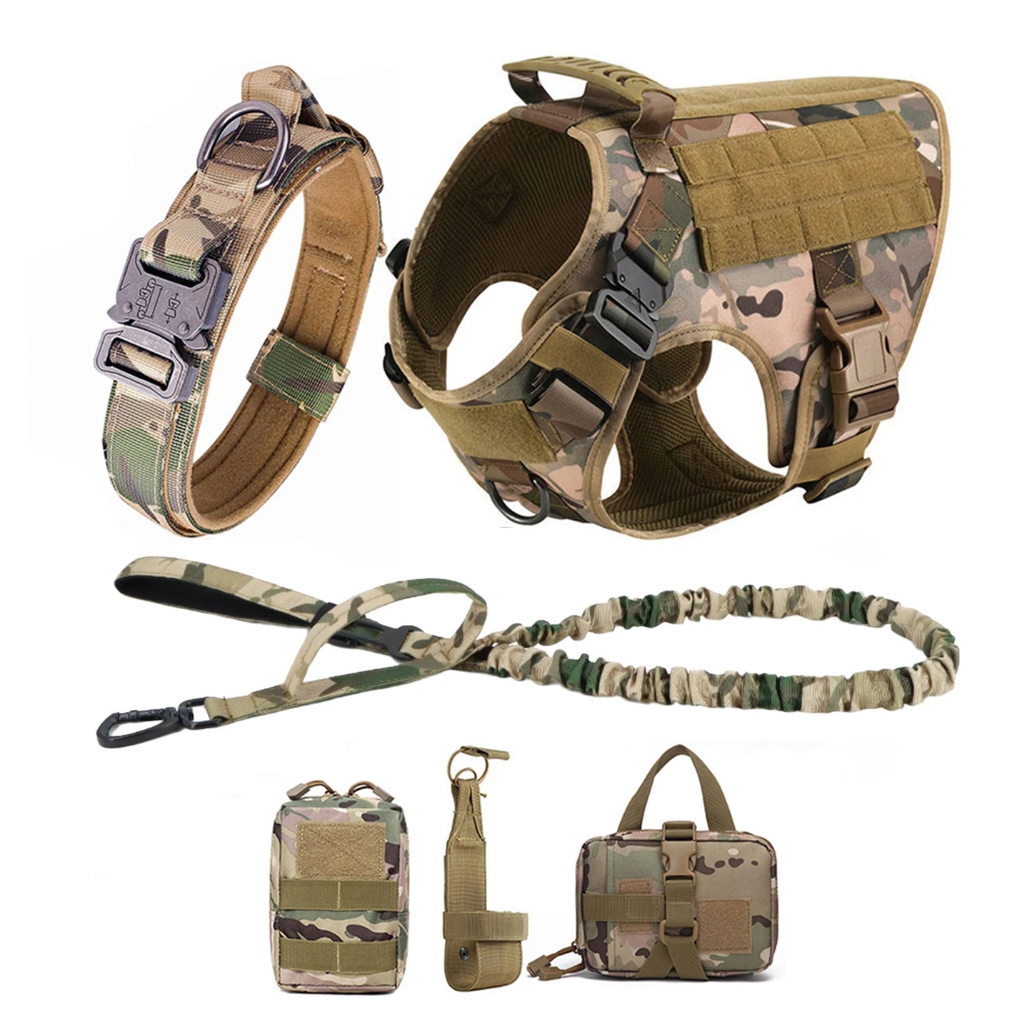Tactical Dog Harness Collar/Harness and Leash Molle Pouches For Medium Large & Dogs