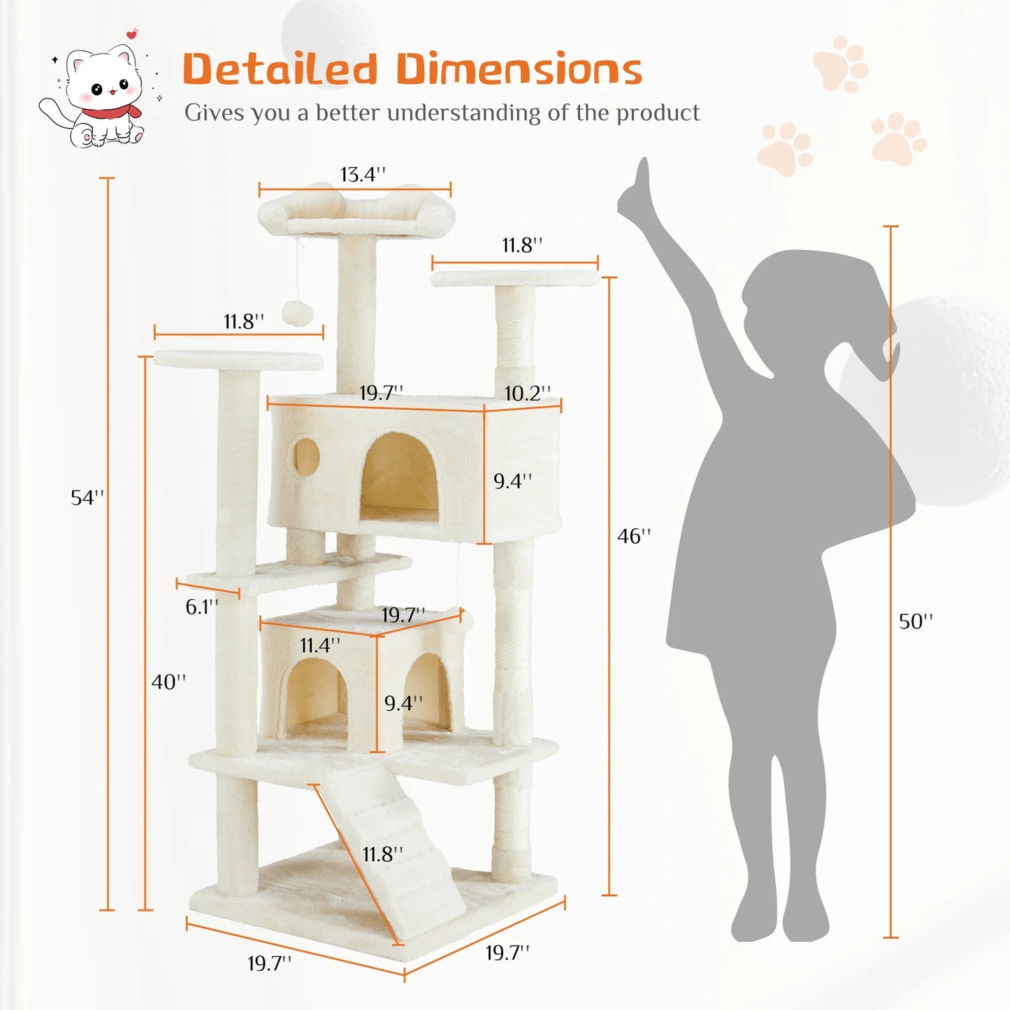 54in Tall Multi-Level Cat Tree Tower for Indoor Pet Furniture Stable Kitty Play House with Sisal Scratching Post