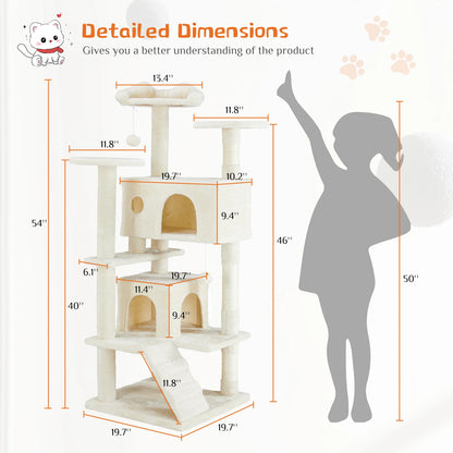 54in Tall Multi-Level Cat Tree Tower for Indoor Pet Furniture Stable Kitty Play House with Sisal Scratching Post
