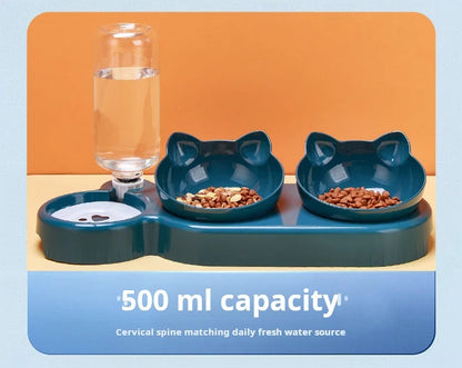 Pet Bowls With Water Feeder, 3 In 1 Ear Design Tilted Cat Water And Food Bowl Set With Gravity Water Bottle
