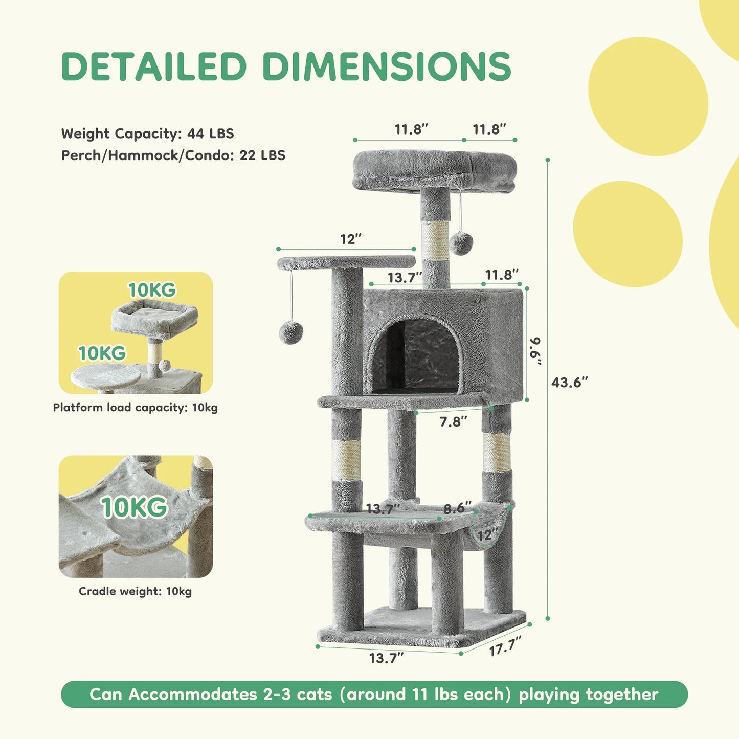 44In Stable Cat Tree Tall Multi-Cat Climbing Tower for Pet Furniture Natural Sisal Scratching Posts