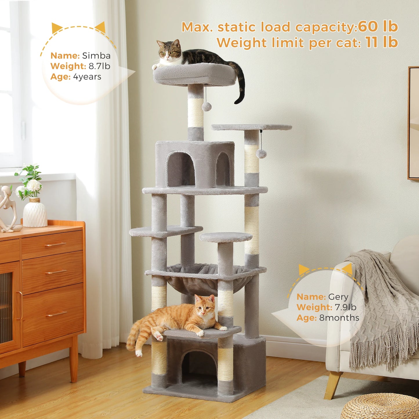Large Cat Tree and Tower for Indoor Cats With Sisal-Covered Scratching Posts Spacious Hammock Padded Perches and Condos