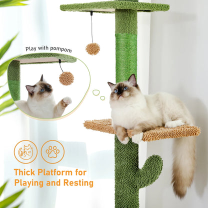 Cat Tree 5-Tier Floor to Ceiling Cat Tower Cactus Tall Climbing Tree with Scratching Post Hammock Dangling Ball