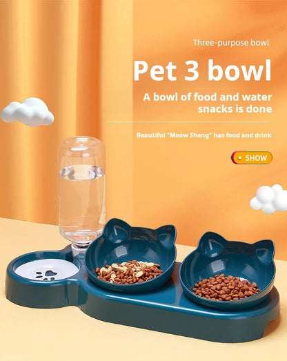 Pet Bowls With Water Feeder, 3 In 1 Ear Design Tilted Cat Water And Food Bowl Set With Gravity Water Bottle