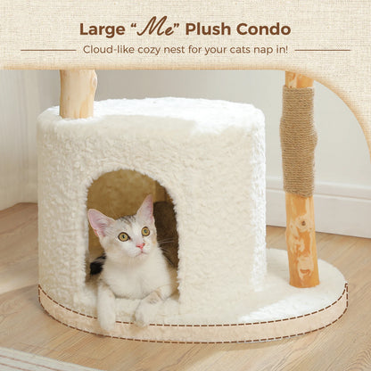 Solid Wood Cat Tree Modern Cat Tower with Spacious Cat Condo,Flower Perches,Fun Pompoms