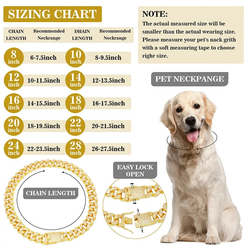 Dog or Cat Chain, Diamond Cuban Collar, Metal Chain Collar with Design Secure Buckle