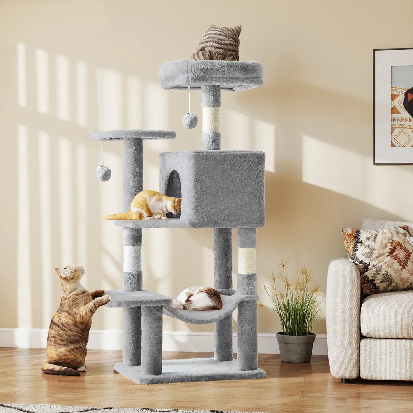 44In Stable Cat Tree Tall Multi-Cat Climbing Tower for Pet Furniture Natural Sisal Scratching Posts
