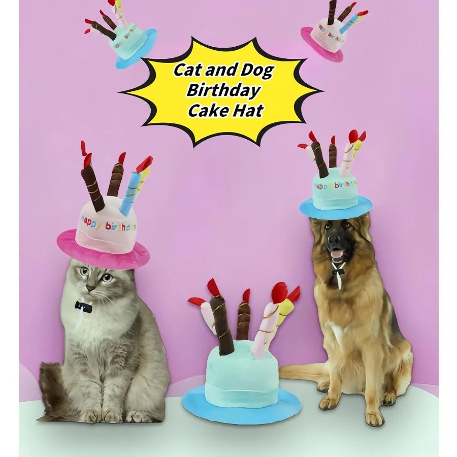 Cute Pet Party Hat for Dogs and Cats - Soft Fluffy Birthday Cap with 5 Color Candles, Blue